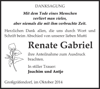 Traueranzeige von Renate Gabriel von Super Sonntag Merseburg