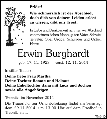 Traueranzeige von Erwin Burghardt von WVG - Wochenspiegel NMB / WSF / ZTZ