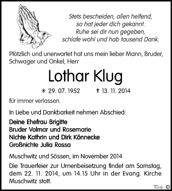 Traueranzeige von Lothar Klug von WVG - Wochenspiegel NMB / WSF / ZTZ