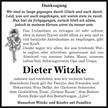 Traueranzeige von Dieter Witzke von Super Sonntag Dessau / Köthen