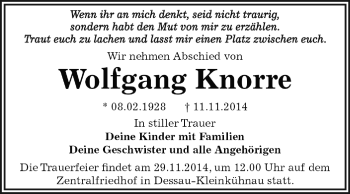 Traueranzeige von Wolfgang Knorre von Super Sonntag Dessau / Köthen