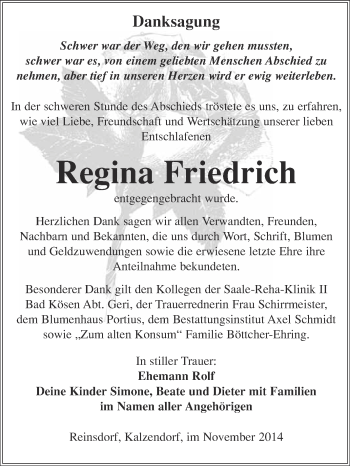 Traueranzeige von Regina Friedrich von WVG - Wochenspiegel NMB / WSF / ZTZ