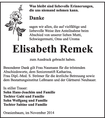 Traueranzeige von Elisabeth Remek von Super Sonntag Wittenberg