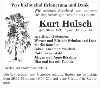 Traueranzeige von Kurt Hulsch von WVG - Wochenspiegel Aschersleben