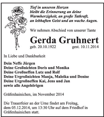 Traueranzeige von Gerda Gruhnert von Super Sonntag Wittenberg