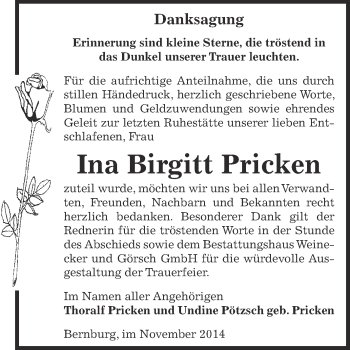 Traueranzeige von Birgitt Pricken von Super Sonntag Bernburg