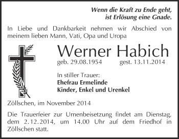 Traueranzeige von Werner Habich von WVG - Wochenspiegel Merseburg