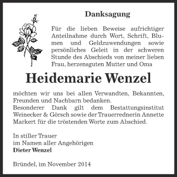 Traueranzeige von Heidemarie Wenzel von Super Sonntag Bernburg