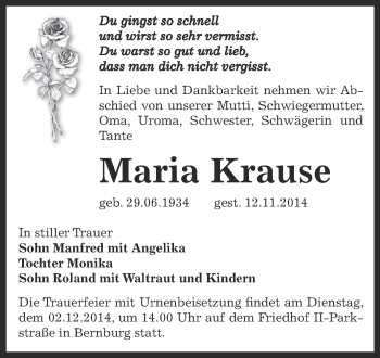 Traueranzeige von Maria Krause von Super Sonntag Bernburg