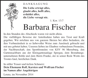 Traueranzeige von Barbara Fischer von WVG - Wochenspiegel Merseburg