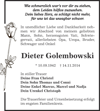 Traueranzeige von Dieter Golembowski von Super Sonntag Bernburg