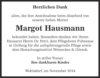 Traueranzeige von Margot Hausmann von Super Sonntag Bernburg