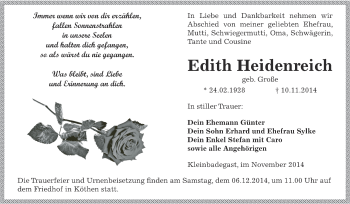 Traueranzeige von Edith Heidenreich von Super Sonntag Dessau / Köthen