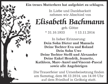 Traueranzeige von Elisabeth Bachmann von Super Sonntag Dessau / Köthen