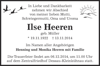 Traueranzeige von Ilse Heeren von Super Sonntag Dessau / Köthen