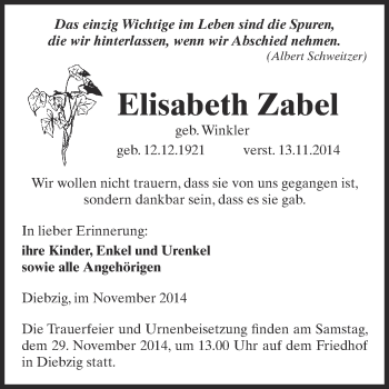 Traueranzeige von Elisabeth Zabel von Super Sonntag Dessau / Köthen