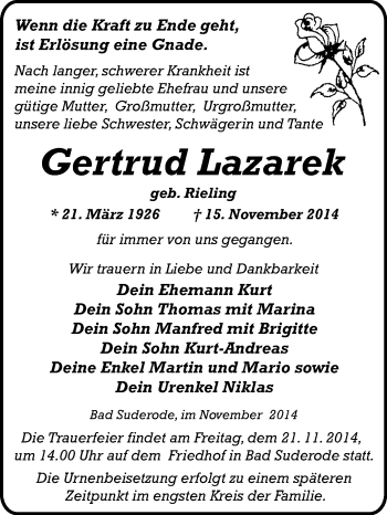 Traueranzeige von Gertrud Lazarek von WVG - Wochenspiegel Quedlinburg