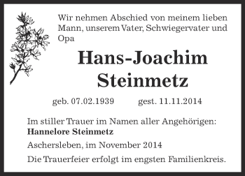 Traueranzeige von Hans-Joachim Steinmetz von Super Sonntag Aschersleben
