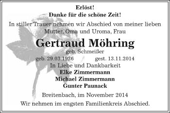 Traueranzeige von Gertraud Möhring von WVG - Wochenspiegel NMB / WSF / ZTZ