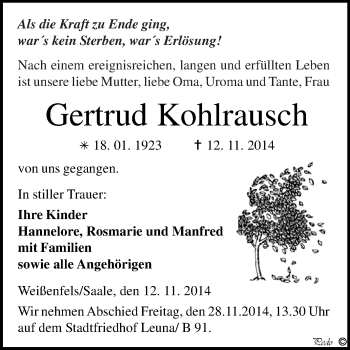 Traueranzeige von Gertrud Kohlrausch von WVG - Wochenspiegel NMB / WSF / ZTZ
