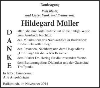 Traueranzeige von Hildegard Müller von WVG - Wochenspiegel Quedlinburg