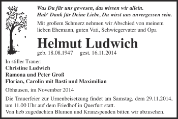 Traueranzeige von Helmut Ludwich von WVG - Wochenspiegel NMB / WSF / ZTZ