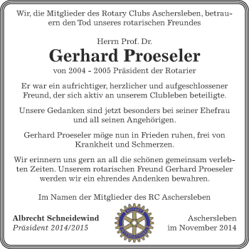 Traueranzeige von Gerhard Proeseler von Super Sonntag Aschersleben