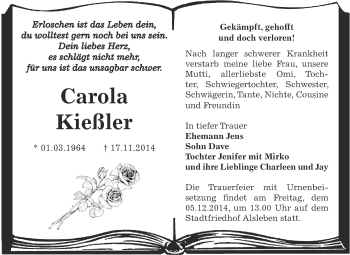 Traueranzeige von Carola Kießler von Super Sonntag Bernburg