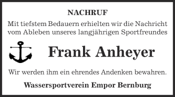 Traueranzeige von Frank Anheyer von Super Sonntag Bernburg