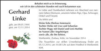 Traueranzeige von Gerhard Linke von WVG - Wochenspiegel NMB / WSF / ZTZ