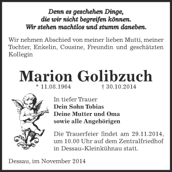 Traueranzeige von Marion Golibzuch von Super Sonntag Dessau / Köthen