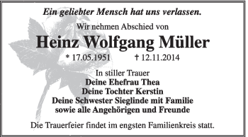 Traueranzeige von Heinz Wolfgang Müller von Super Sonntag Dessau / Köthen