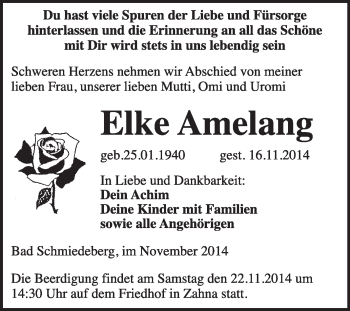 Traueranzeige von Elke Amelang von Super Sonntag Wittenberg