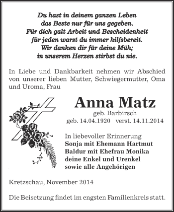 Traueranzeige von Anna Matz von Super Sonntag Zeitz