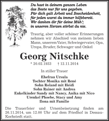 Traueranzeige von Georg Nitschke von Super Sonntag Dessau / Köthen