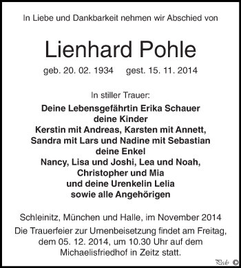 Traueranzeige von Lienhard Pohle von Super Sonntag Zeitz
