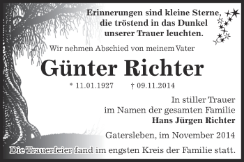 Traueranzeige von Günter Richter von Super Sonntag Aschersleben