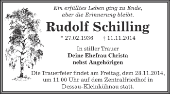 Traueranzeige von Rudolf Schilling von Super Sonntag Dessau / Köthen