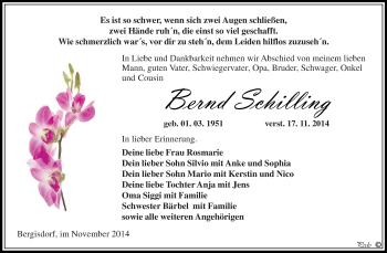 Traueranzeige von Bernd Schilling von Super Sonntag Zeitz