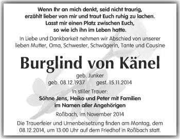 Traueranzeige von Burglind von Känel von Super Sonntag Merseburg