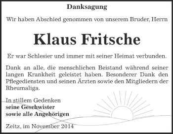 Traueranzeige von Klaus Fritsche von Super Sonntag Zeitz