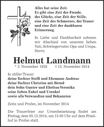 Traueranzeige von Helmut Landmann von Super Sonntag Zeitz