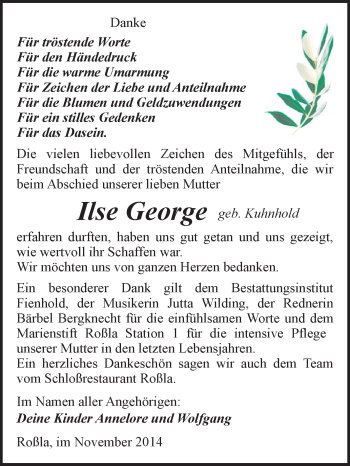 Traueranzeige von Ilse George von Super Sonntag SGH Mansf. Land