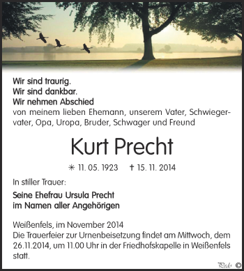 Traueranzeige von Kurt Precht von Super Sonntag Zeitz
