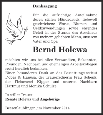 Traueranzeige von Bernd Holewa von Super Sonntag Bernburg
