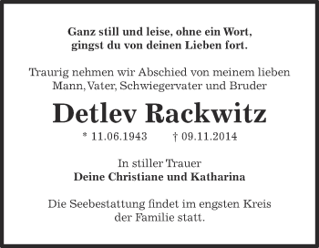 Traueranzeige von Detlev Rackwitz von Super Sonntag Dessau / Köthen