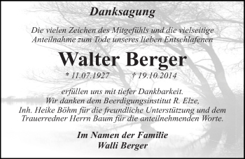 Traueranzeige von Walter Berger von Super Sonntag Dessau / Köthen