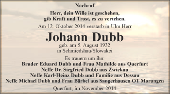 Traueranzeige von Johann Dubb von WVG - Wochenspiegel Merseburg