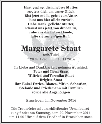 Traueranzeige von Margarete Staat von Super Sonntag Aschersleben