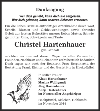 Traueranzeige von Christel Hartenhauer von Super Sonntag SGH Mansf. Land